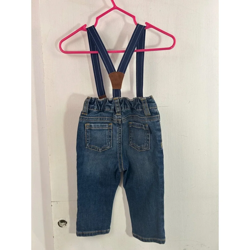OshKosh B'gosh Suspender Jeans 6M Blue Striped Elastic Waist Baby Boys